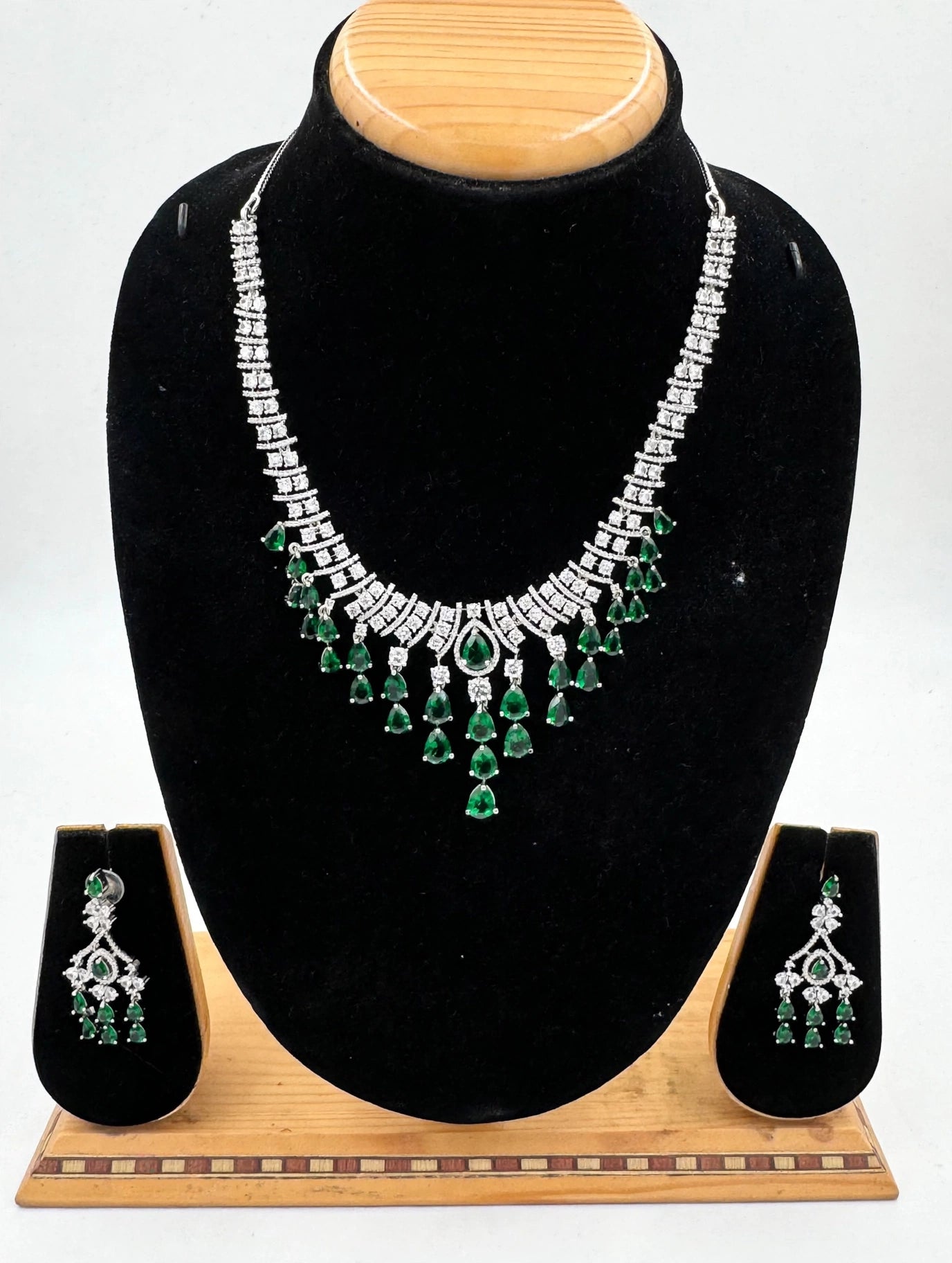 Emerald Green American Diamond Choker Set - Premium AD Necklace with Earrings