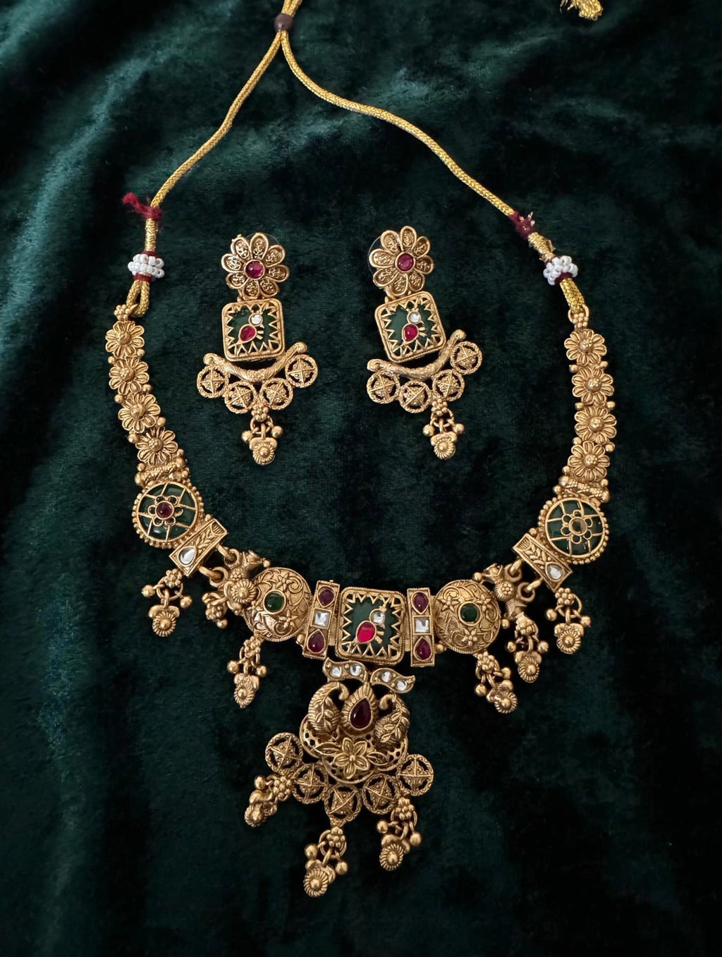 Antique Gold Kundan Bridal Choker Necklace Set with Earrings | Ruby Emerald Temple Jewelry