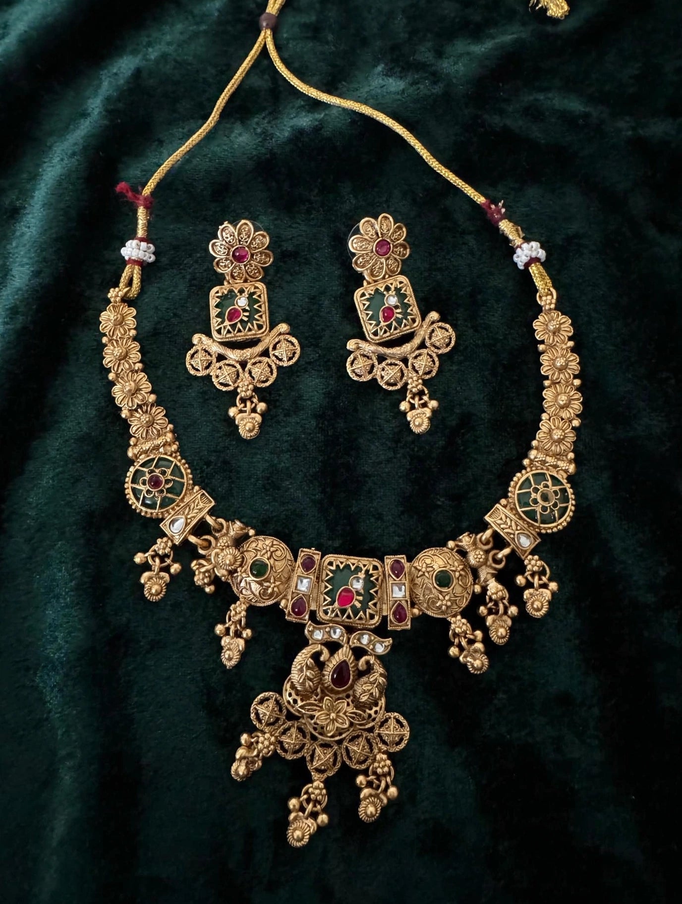 Antique Gold Kundan Bridal Choker Necklace Set with Earrings | Ruby Emerald Temple Jewelry
