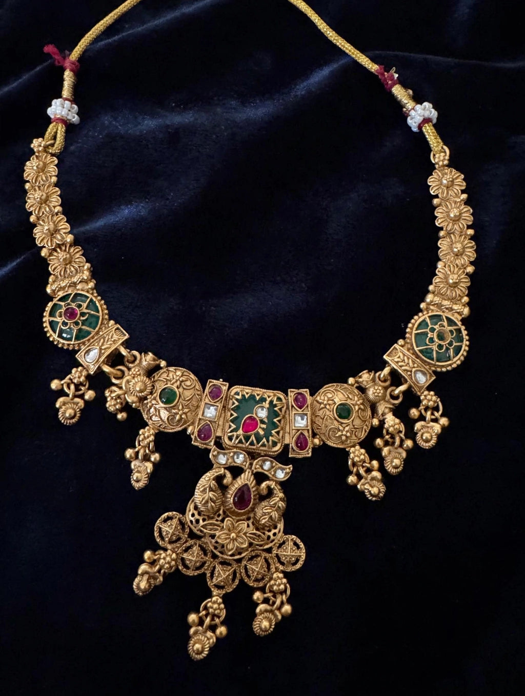 Antique Gold Kundan Bridal Choker Necklace Set with Earrings | Ruby Emerald Temple Jewelry