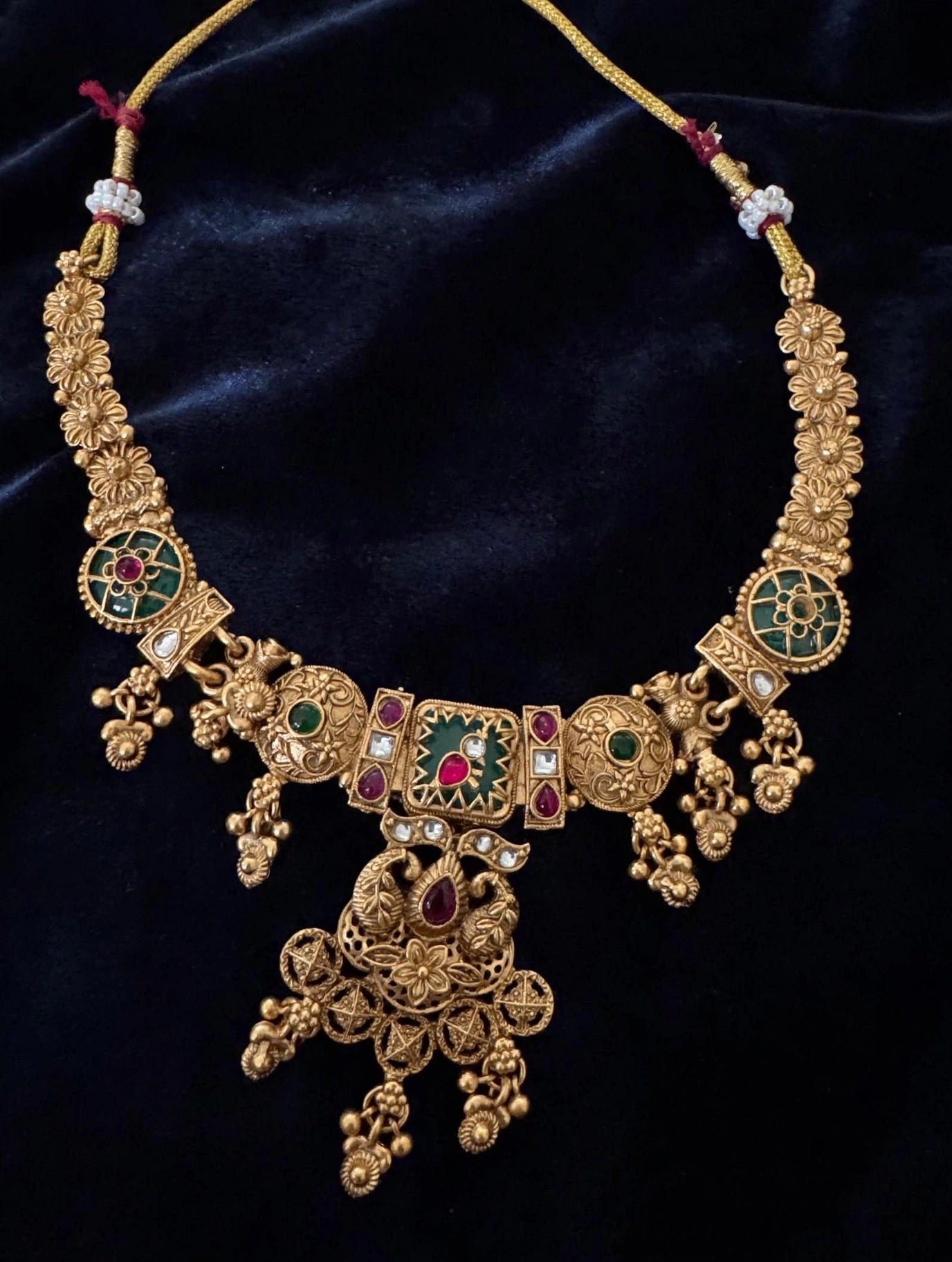 Antique Gold Kundan Bridal Choker Necklace Set with Earrings | Ruby Emerald Temple Jewelry